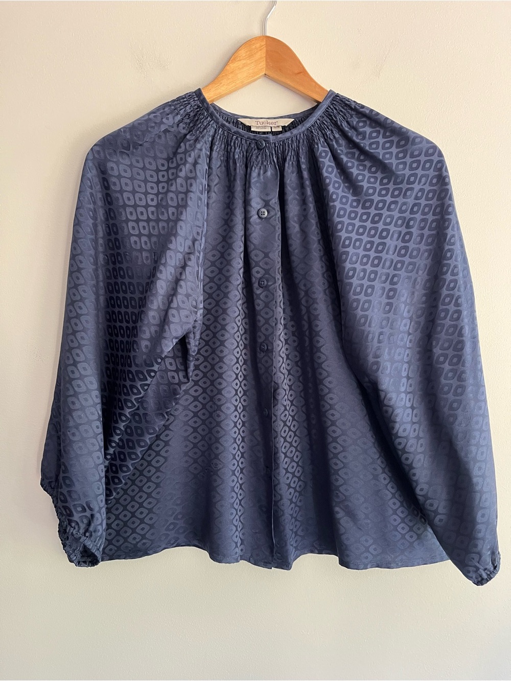 Tucker Navy Diamond Pattern Silk Peasant Blouse Medium